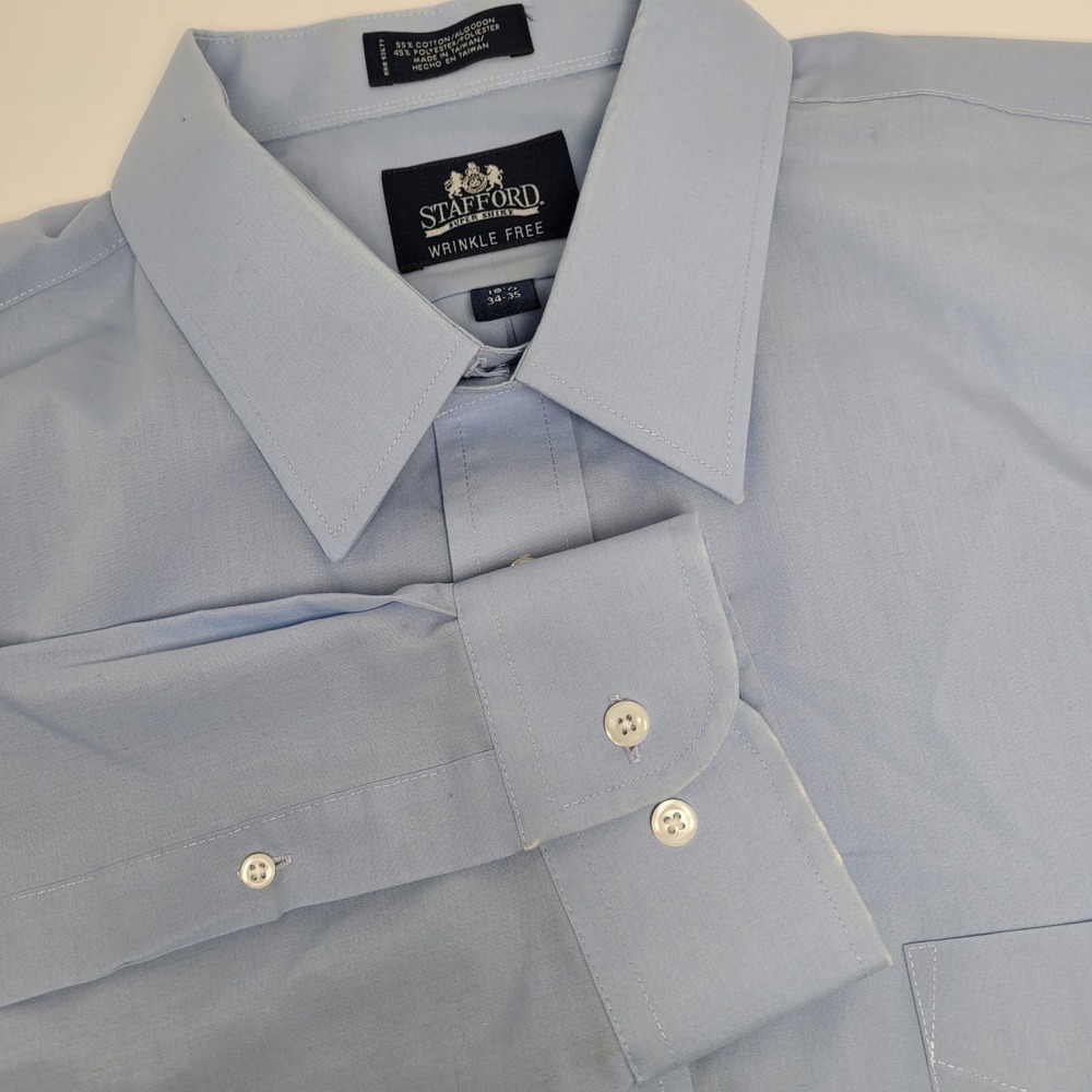 Stafford Dress Shirt Mens 18.5 34-35 Blue Excellent Wrinkle Free Button Down